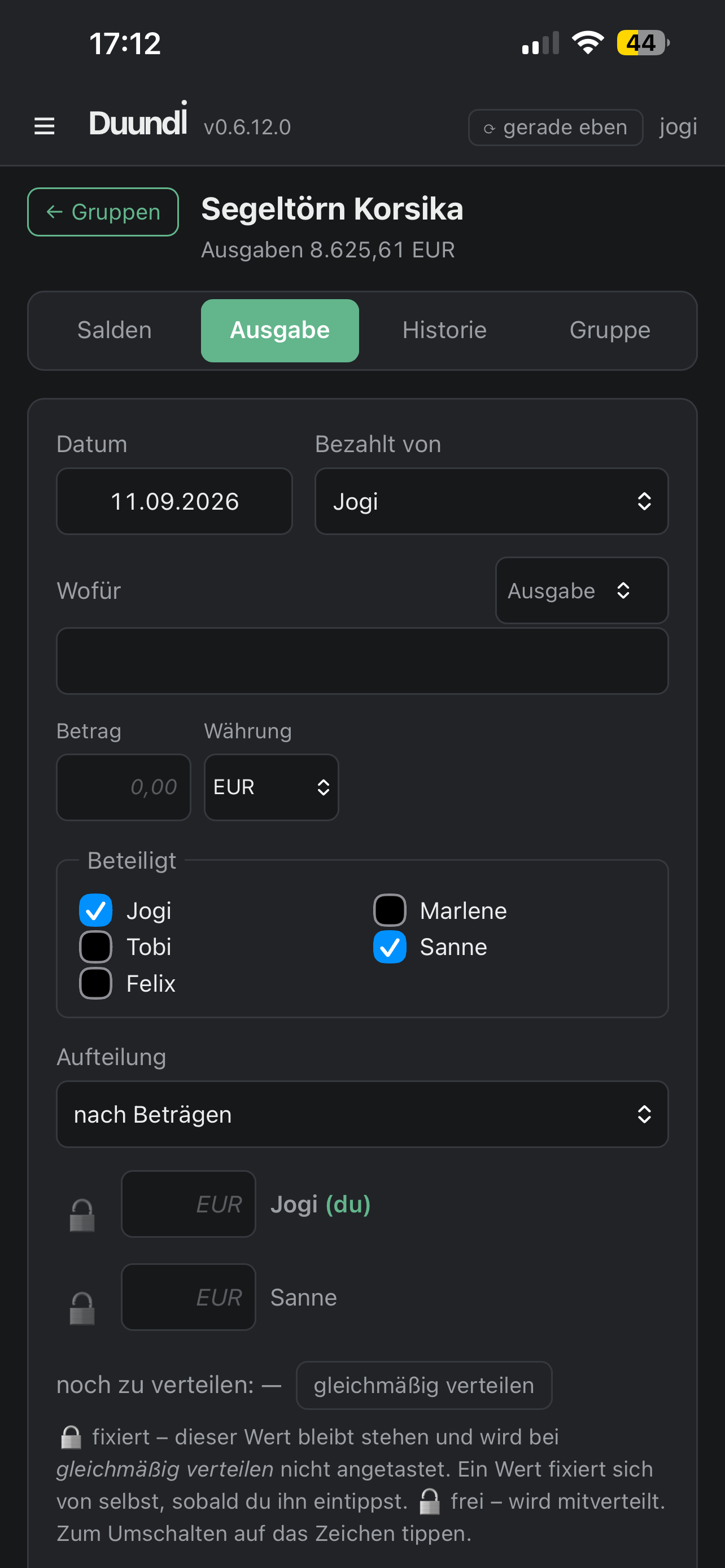 duundi, Register Ausgabe: Datum, wer bezahlt hat, wofür, Betrag und Währung, wer beteiligt war und wie aufgeteilt wird