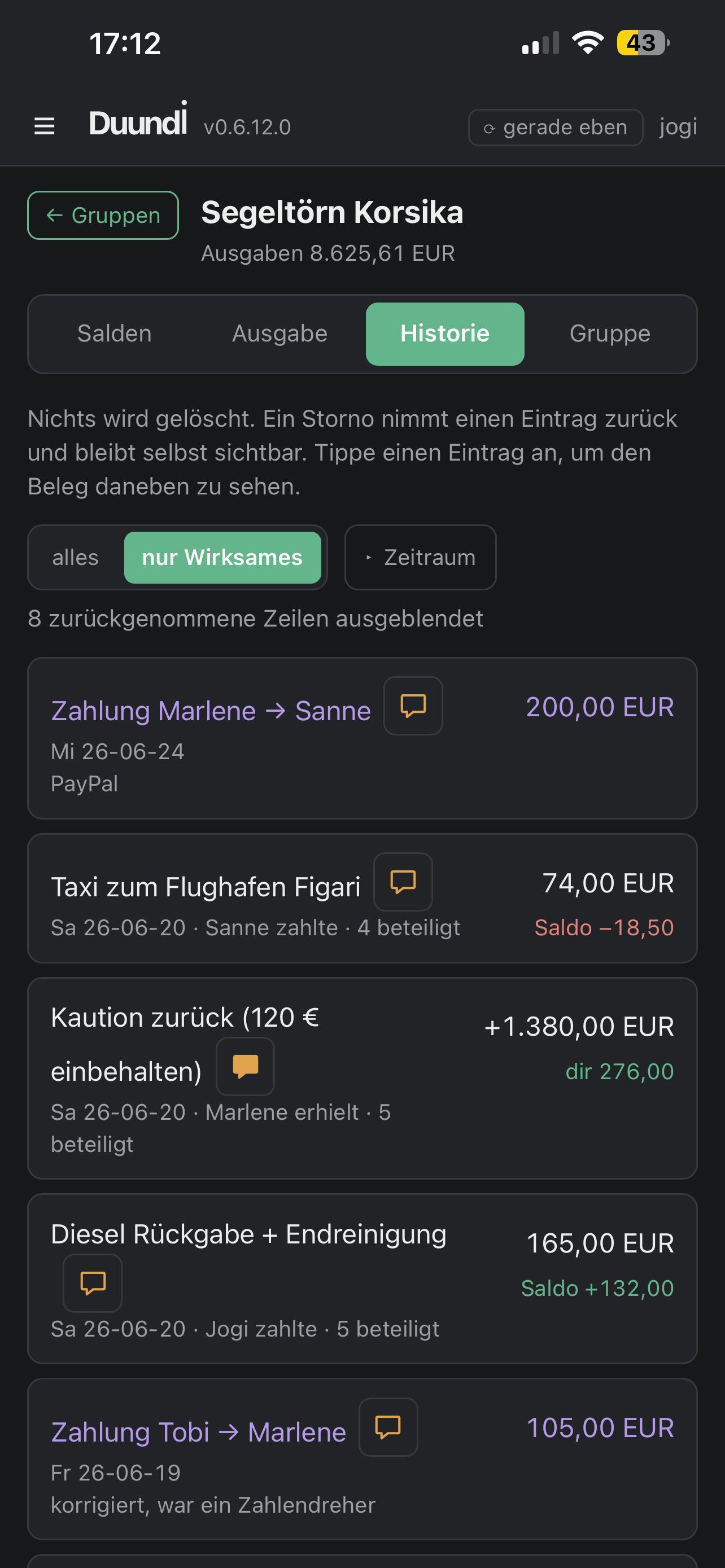 duundi, Register Historie: Liste der Einträge mit Datum, wer gezahlt hat und wie sich der eigene Saldo verschoben hat