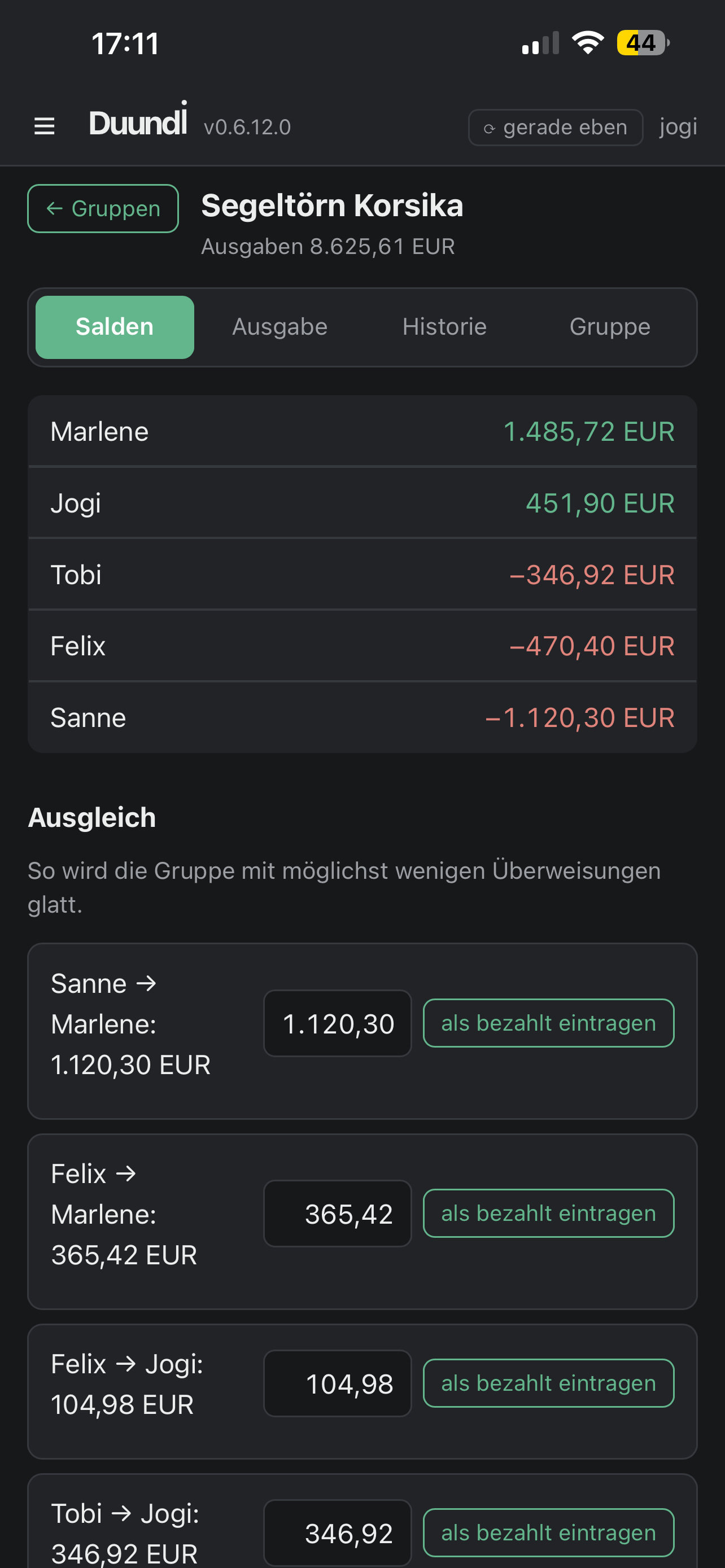 duundi, Register Salden: fünf Personen mit ihrem Stand in Euro, darunter die vorgeschlagenen Ausgleichszahlungen